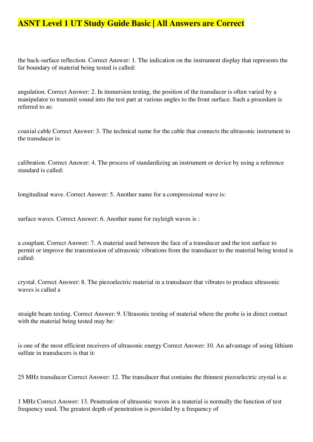 Preview image of ASNT Level 1 UT Study Guide Basic | All Answers are Correct document